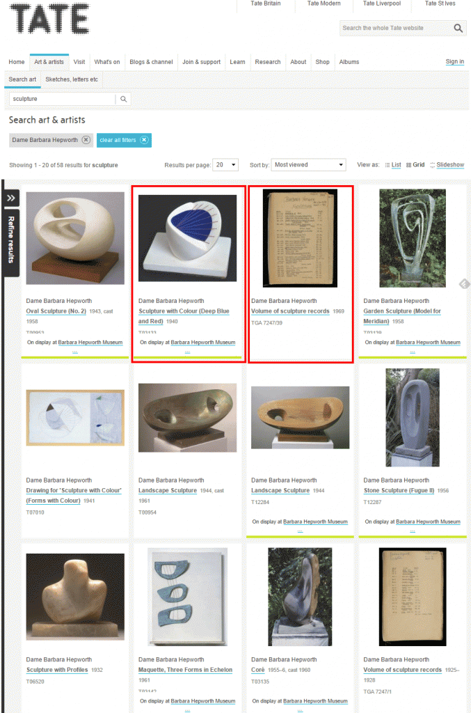 A screenshot of the search results on the Tate's website