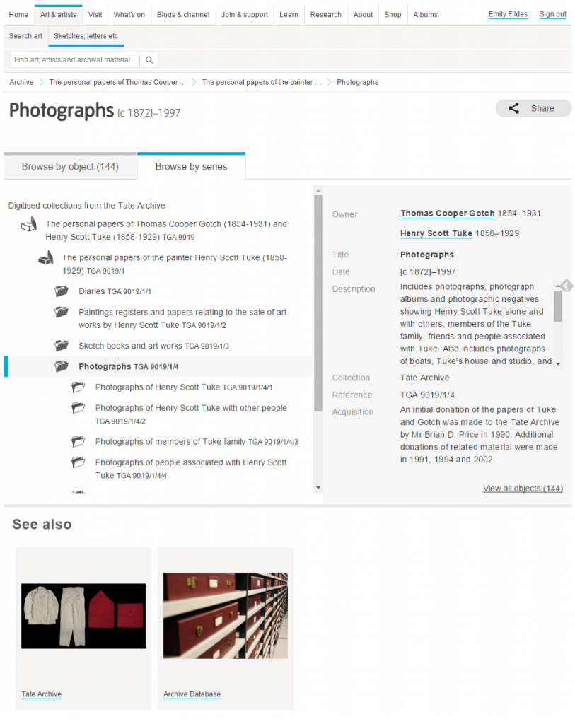 Figure 8: A screenshot of the 'Fonds' page showing the archive catalogue structure