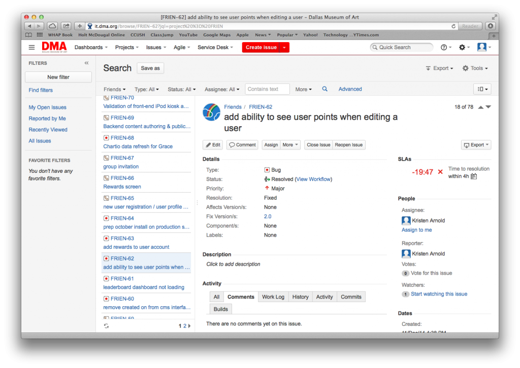 Figure 2. Jira was used by the team to turn functional requirements into software development tasks and to submit bug reports and feature requests.