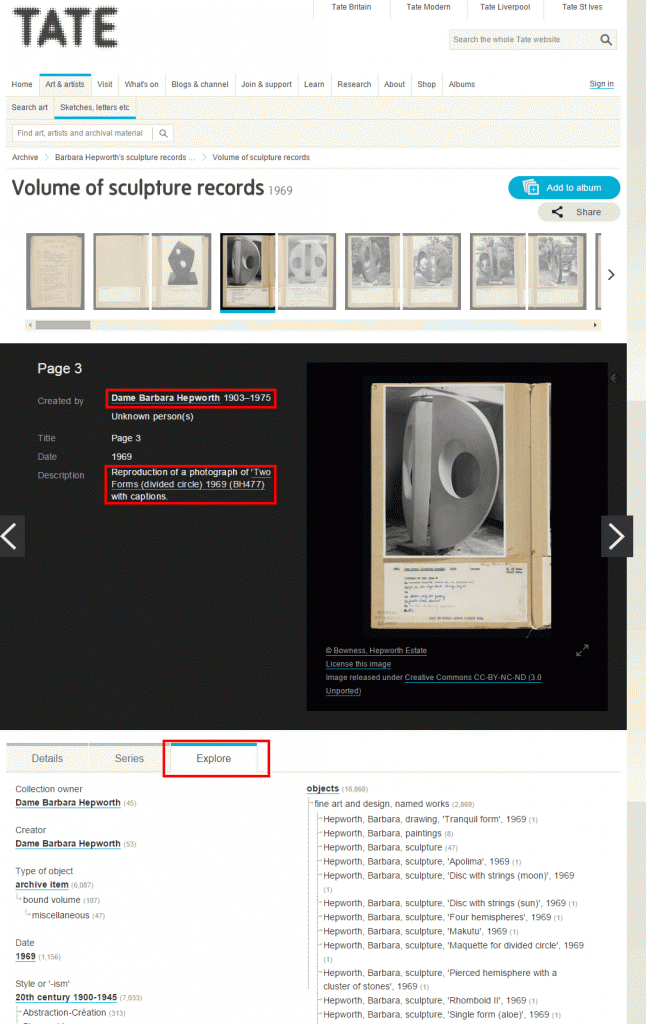 A screenshot of an scrapbook page from the Tate website