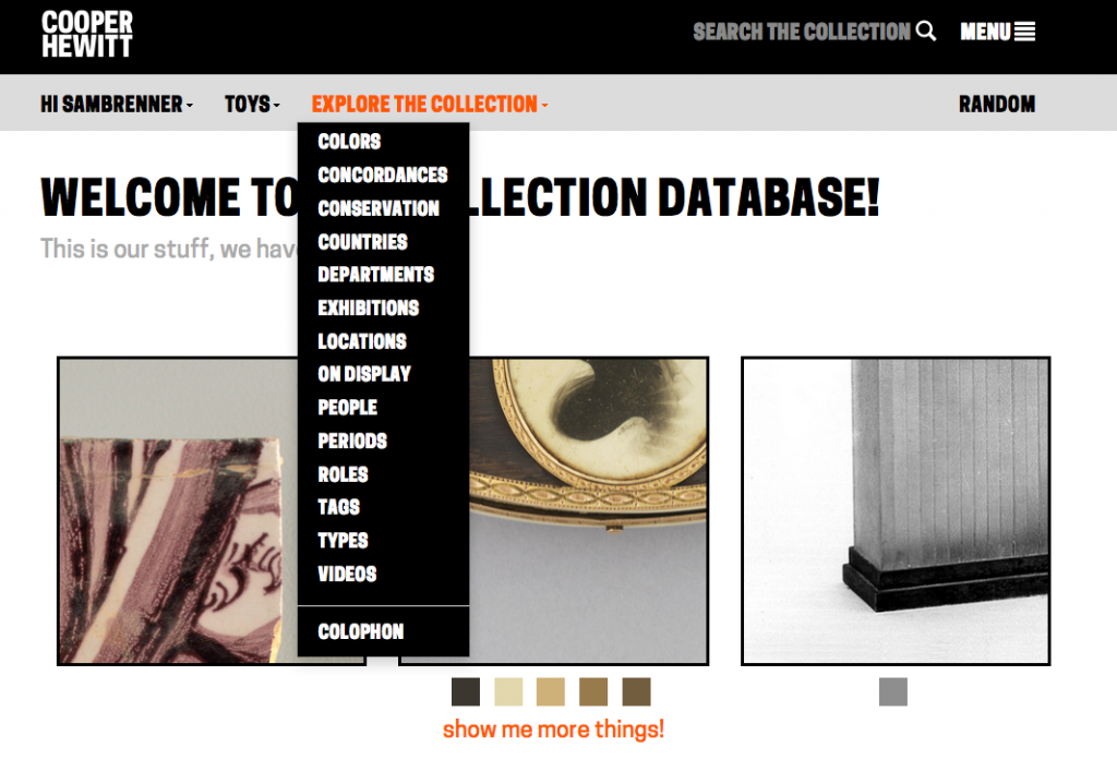 Figure 7: The "Explore the Collection" dropdown menu, in its expanded state