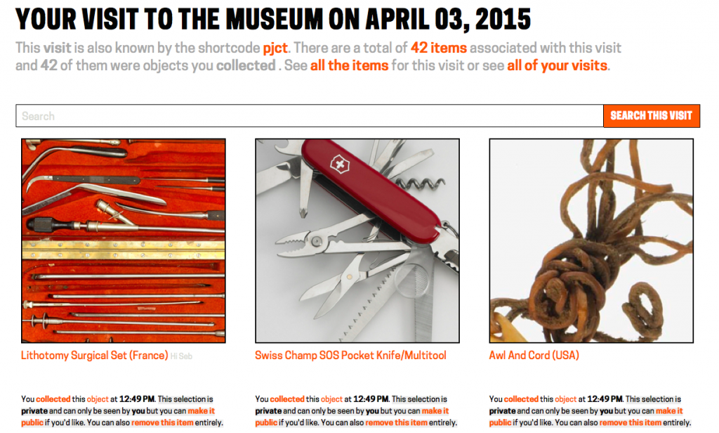 Screenshot of a post-visit view allowing access to ‘collected’ objects