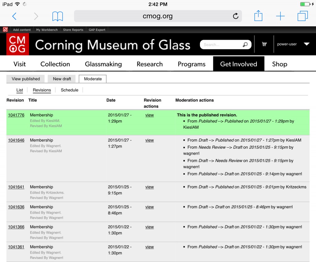 Figure 1: Workbench Moderation for the Membership page http://www.cmog.org/get-involved/membership showing Power User revisions