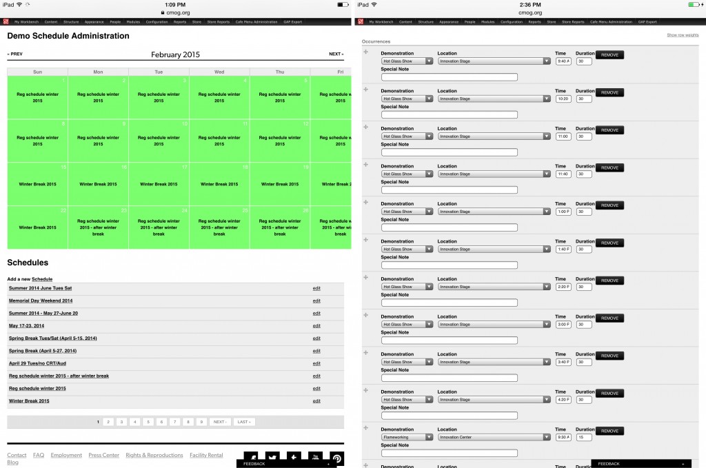 Figure 4: Demo schedule administration menu and event listing in Drupal