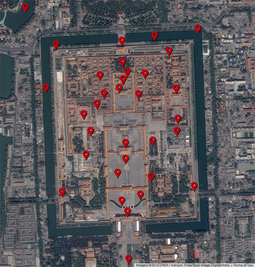 Satellite image with red pins on it