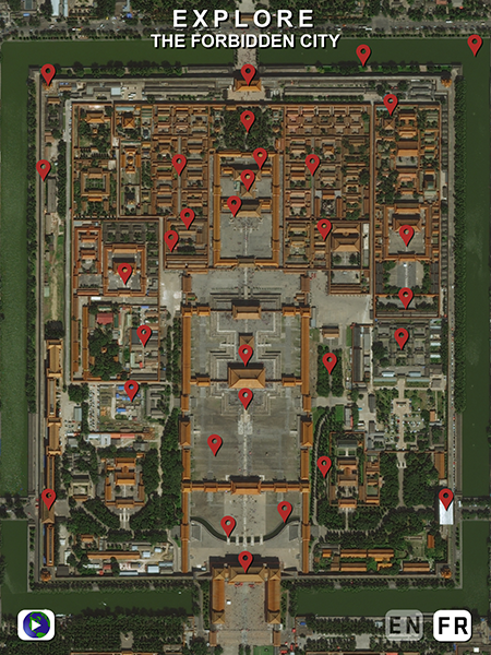 Satellite image with red pins on it. The title says "Explore the Forbidden City"