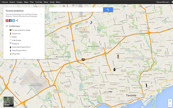 A Google Map of the city of Toronto with First Nations objects on it