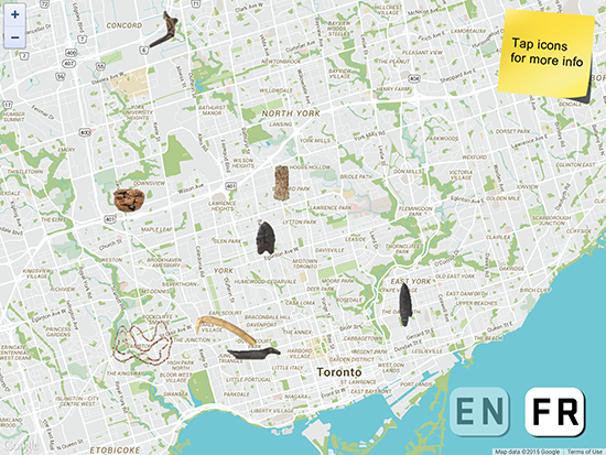 A Google Map of the city of Toronto with First Nations objects on it