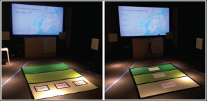 Figure 4. Two competing designs for timeline control were tested in situ in December 2013. The horizontal "externally consistent" configuration (left) allowed one user to change the decade of everyone's data by stepping on a floor button. The vertical "ego-moving" condition (right) allowed every person to select her own decade individually.