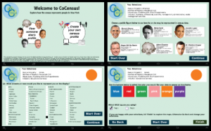Figure 6. Screen captures of the kiosk used by visitors to configure their profiles for use in the exhibits. All users had the choice of choosing a pre-configured public figure profile (top right) or creating their own custom profile.