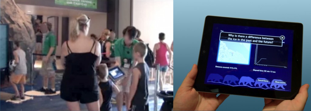 Figure 1: Side-by-side image showing interpreters interacting with zoo guests at the temporary “Paws” installation, and the tablet support tool showing data representations and discussion questions that change based on the current state of the exhibit.