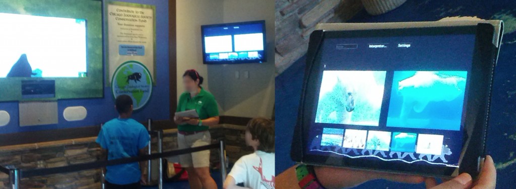 Figure 2: Side-by-side image showing the current “Paws” installation at the Brookfield Zoo polar bear exhibit, and an iteration of the tablet support tool allowing interpreters to choose multimedia (images as well as live data representations) to present alone or juxtaposed with other media.