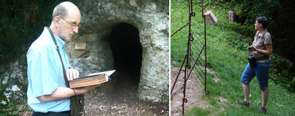 Figure 3: Cultural heritage professionals testing the Narrative in Place prototype, book version (left) and belt version (right), at the WWI trenches of Nagià Grom (Italy).